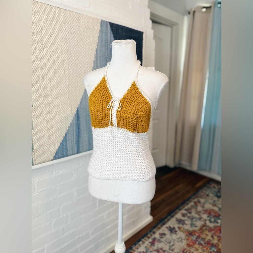 Handmade Crocheted Yellow and White Halter Tank Top